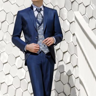 LOOK "WEDDING" AZUL MICRODIBUJO ACETATO LANA CON SOLAPA DE PICO 26.20.303